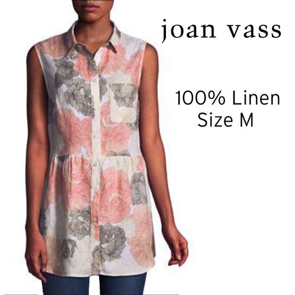 Joan Vass Sleeveless Linen Tunic - Coral and Charcoal - Picture 1 of 16